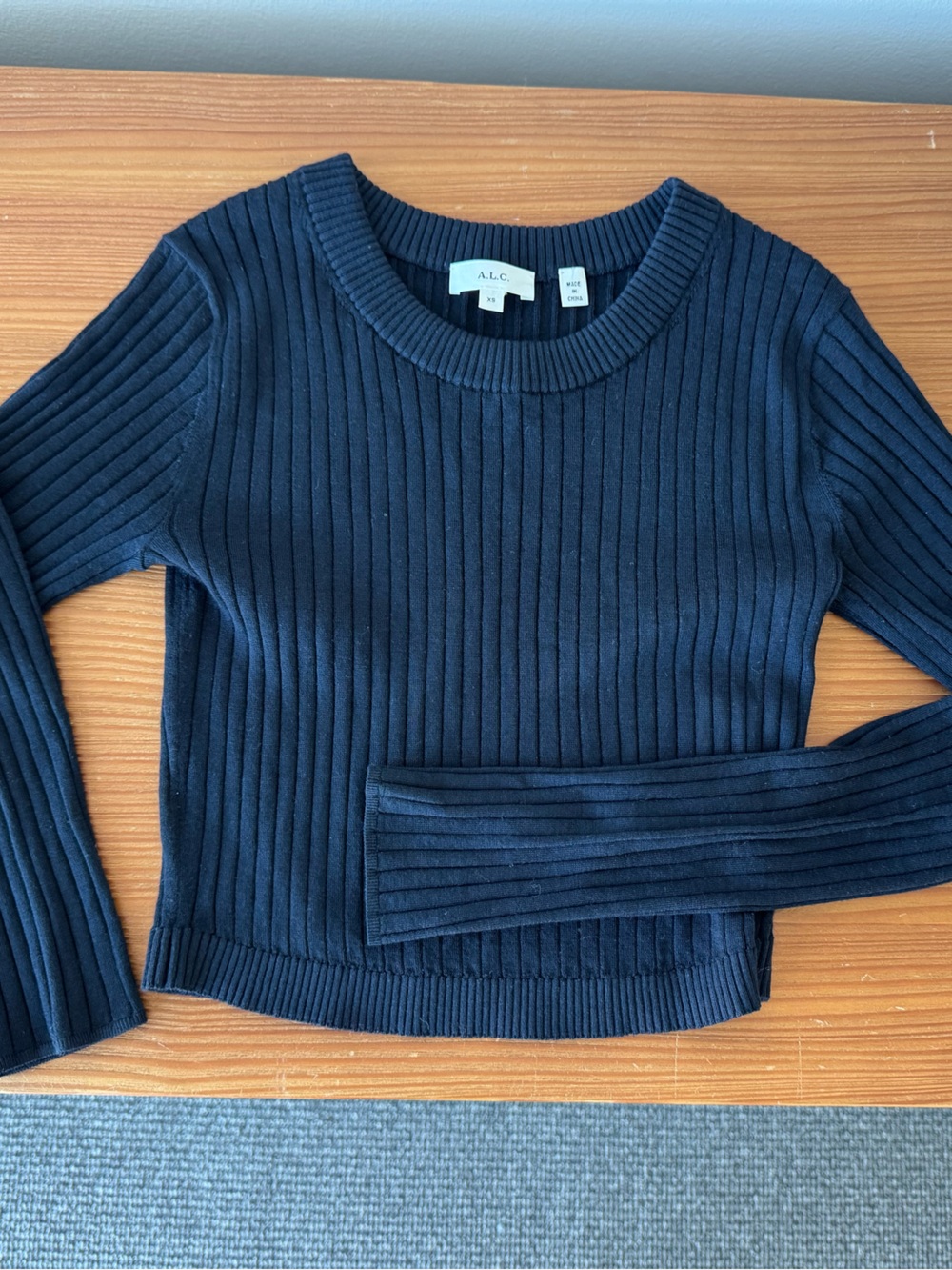 A.L.C. Ribbed Merino Wool Cropped Sweater in Navy